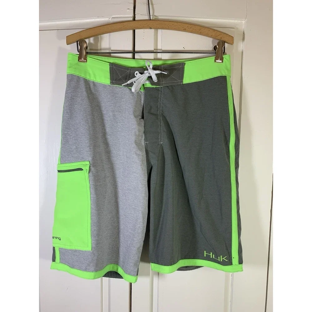 HUK Performance Fishing Board Shorts Swim Trunks Gray Neon Green Mens Sz 30 Lace